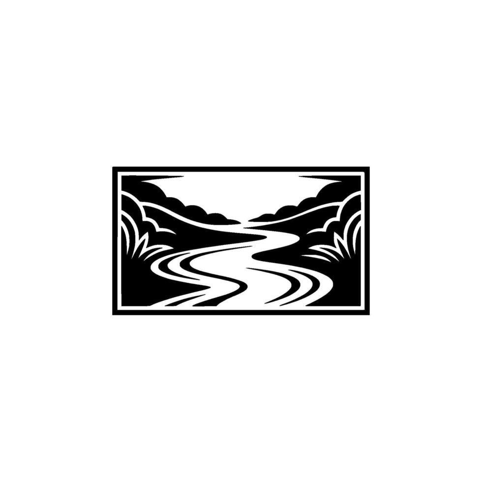 Serene Mountain River Silhouette, Black White Landscape Emblem vector