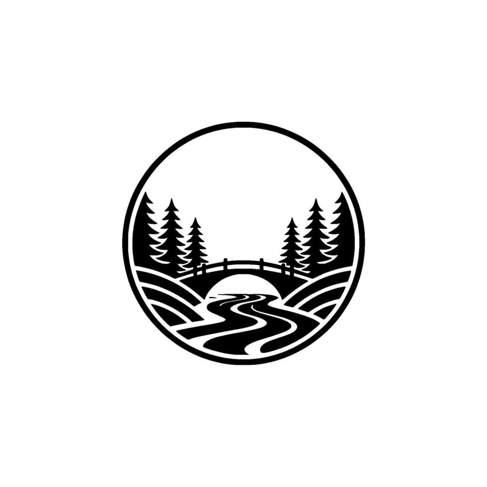 Rustic River Crossing Emblem, Vintage Landscape Illustration vector