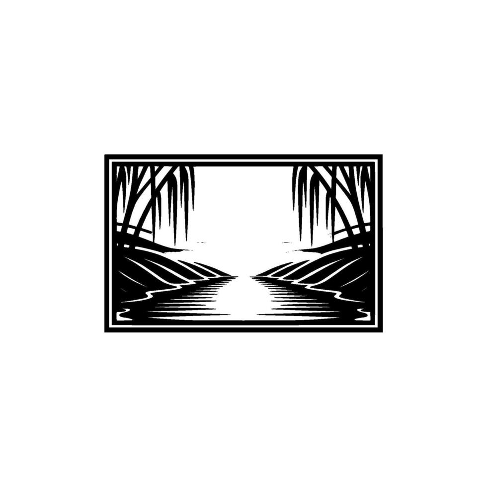 Serene Bamboo Riverscape, Minimalist Emblem vector