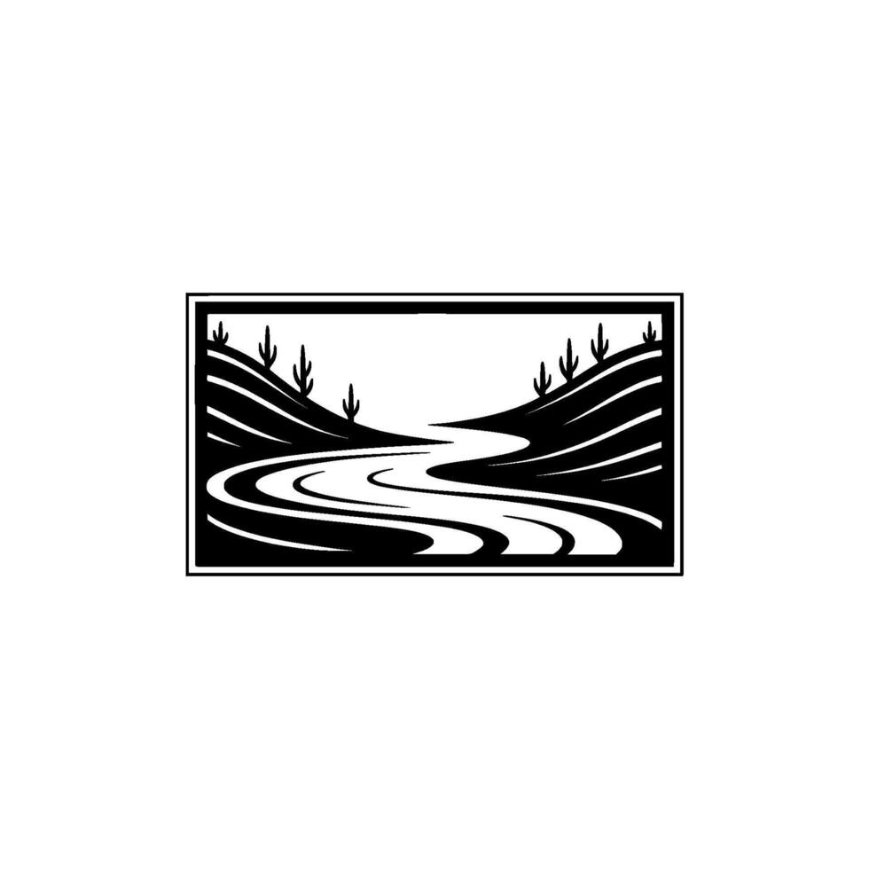 Serene River Landscape Emblem, Minimalist - Contour vector