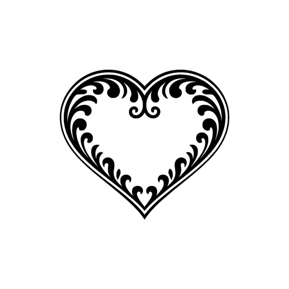 Intricate Heart Ornament, Elegant Black White - Contour vector