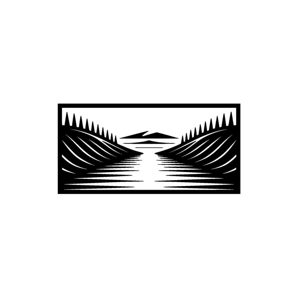 Serene Landscape Emblem, Minimalist Mountain Vista - Geometric vector