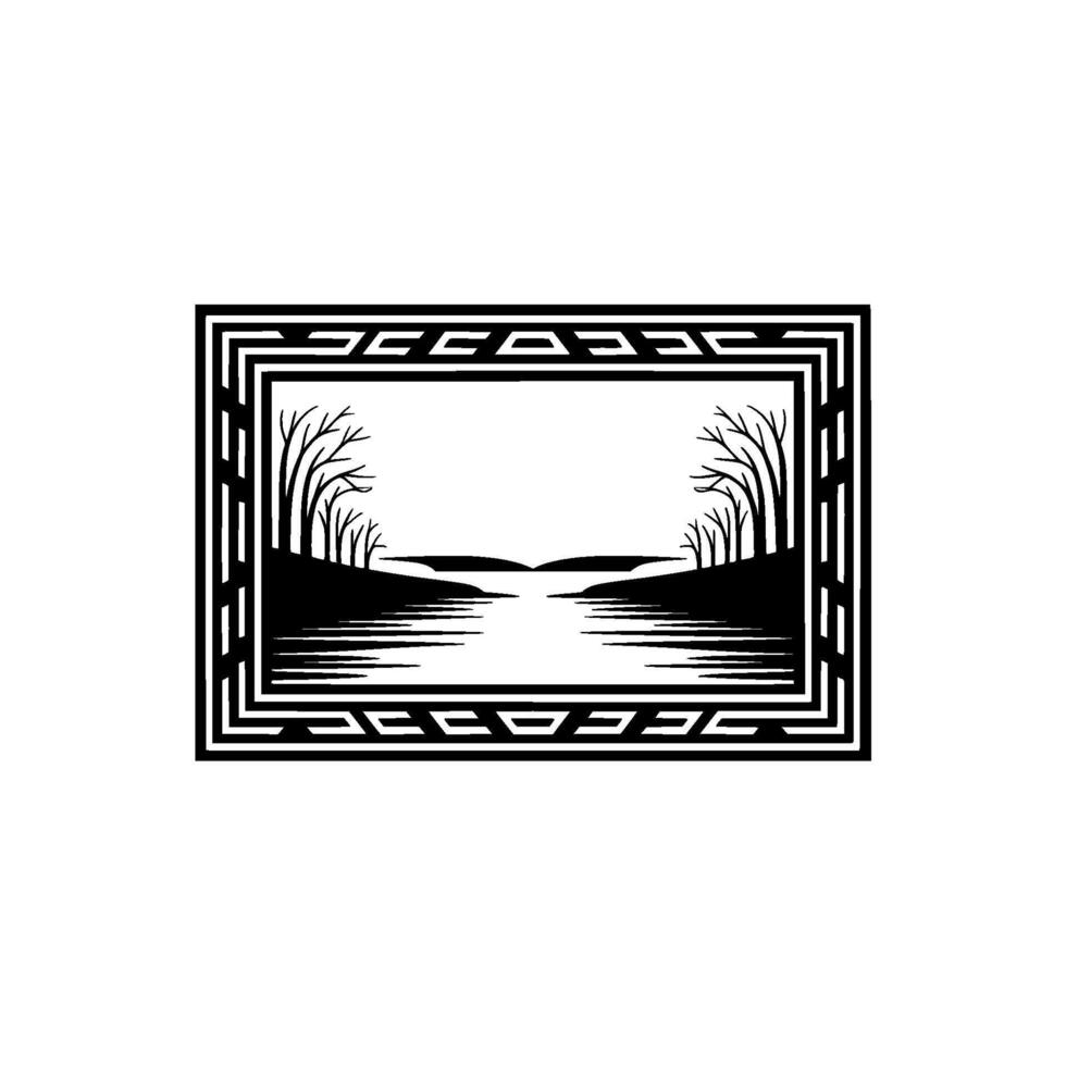 Serene Riverscape, Geometric Tribal Border, Black White Emblem vector
