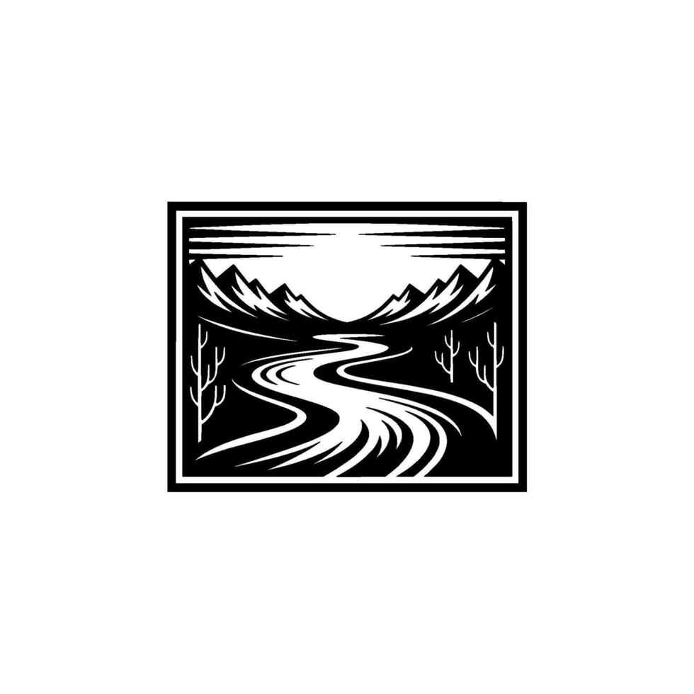 Mountain River Silhouette, Vintage Exploration Emblem - Mountains vector
