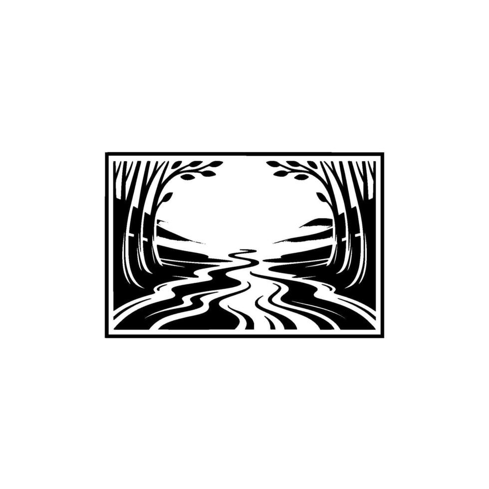 Serene Woodland Riverscape, Minimalist Emblem vector
