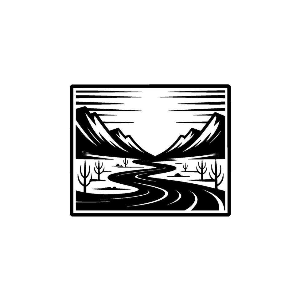 Mountain Vista Silhouette, Serene Landscape Emblem vector