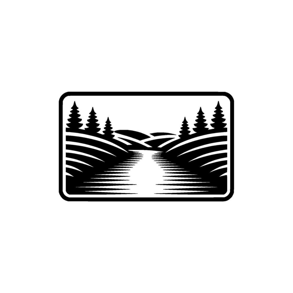 Serene Lakeside Silhouette, Mountain Vista Emblem - Trees vector
