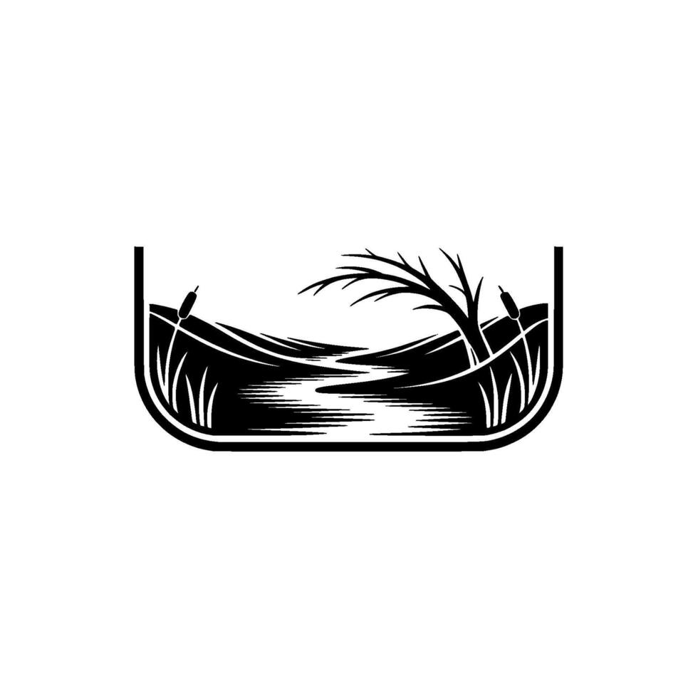 Serene Lakeside Silhouette, Tranquil Landscape Emblem vector