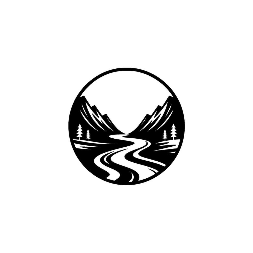 Mountain River Emblem, Rustic Wilderness Illustration - Landscape vector
