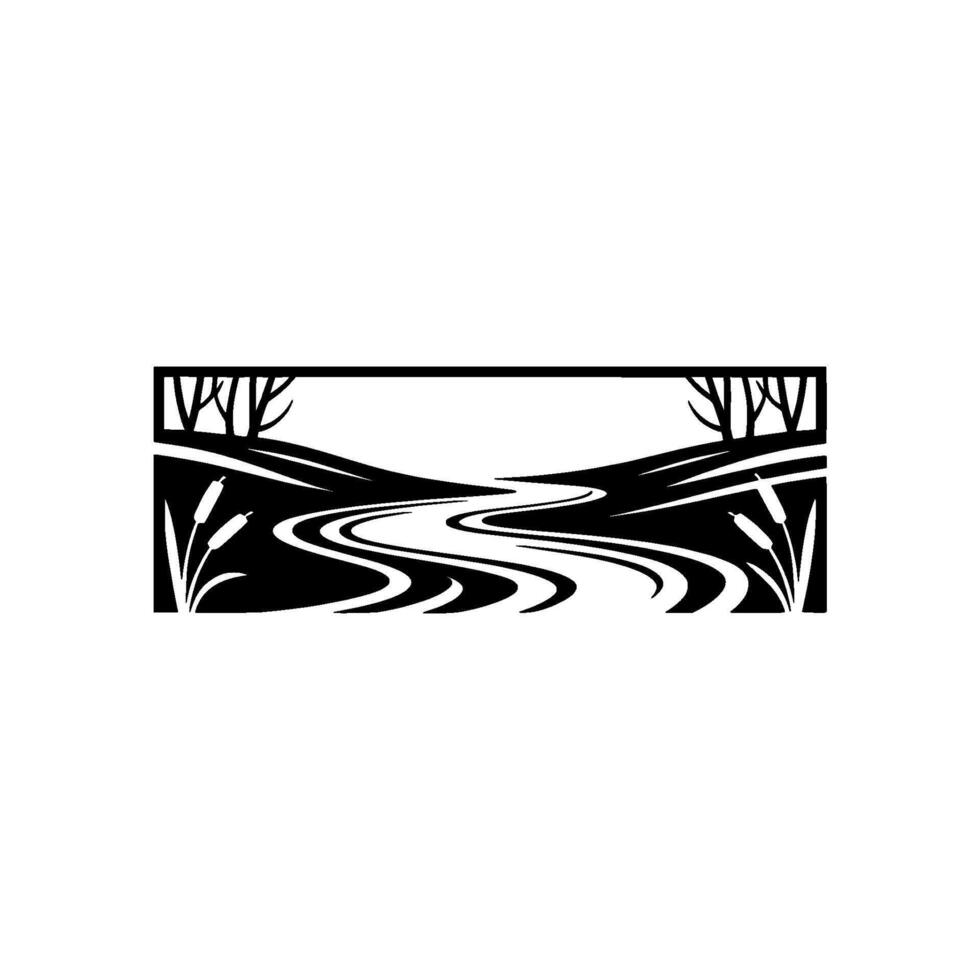 Serene Riverscape, Black White Silhouette Landscape vector