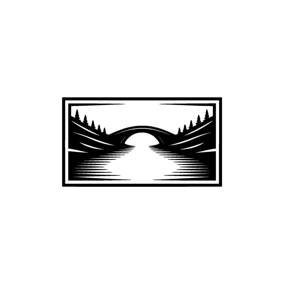 Serene River Bridge Silhouette, Rustic Landscape Emblem vector