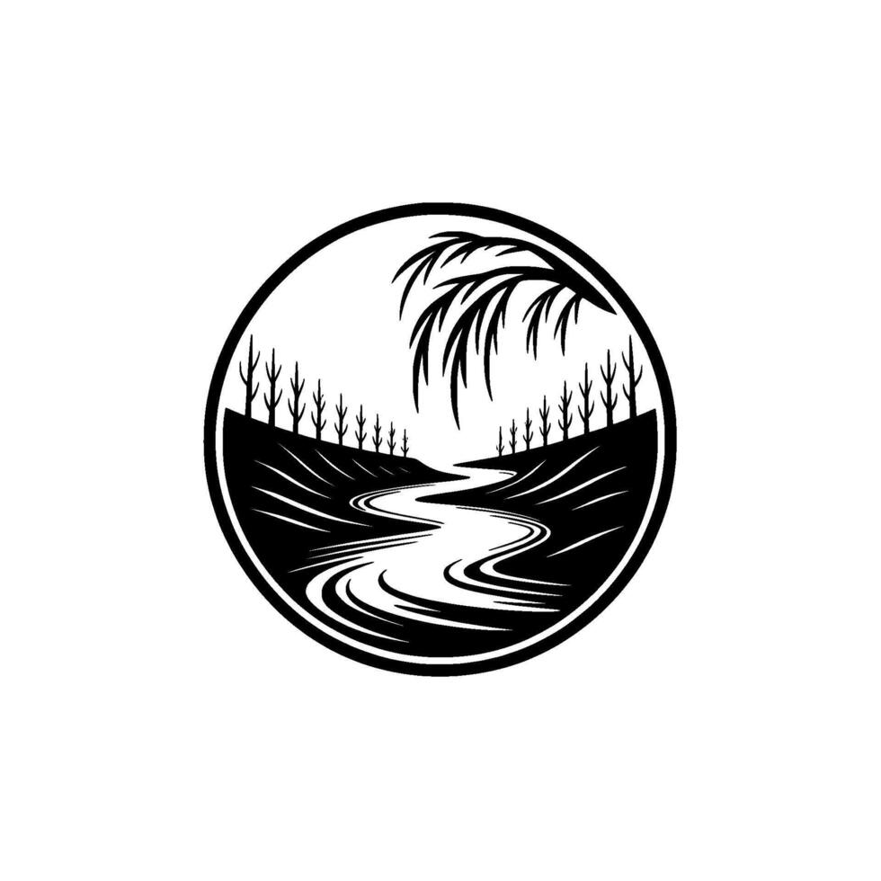 Serene Riverbank Silhouette, Coastal Dawn Emblem vector