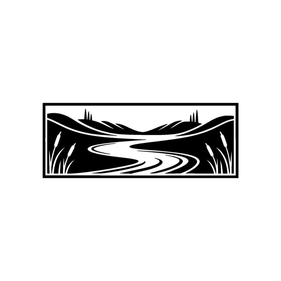 Serene River Landscape, Minimalist Emblem - Mountains vector