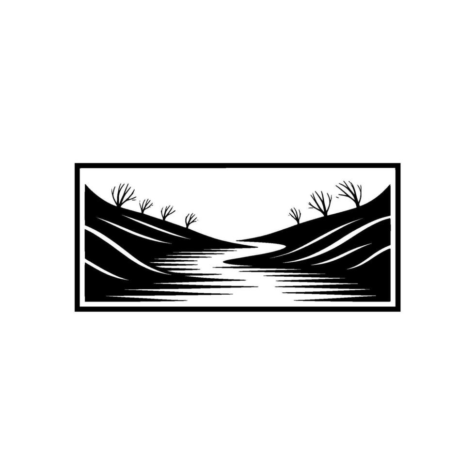 Minimalist River Landscape Emblem, Serene Wilderness - Silhouette vector