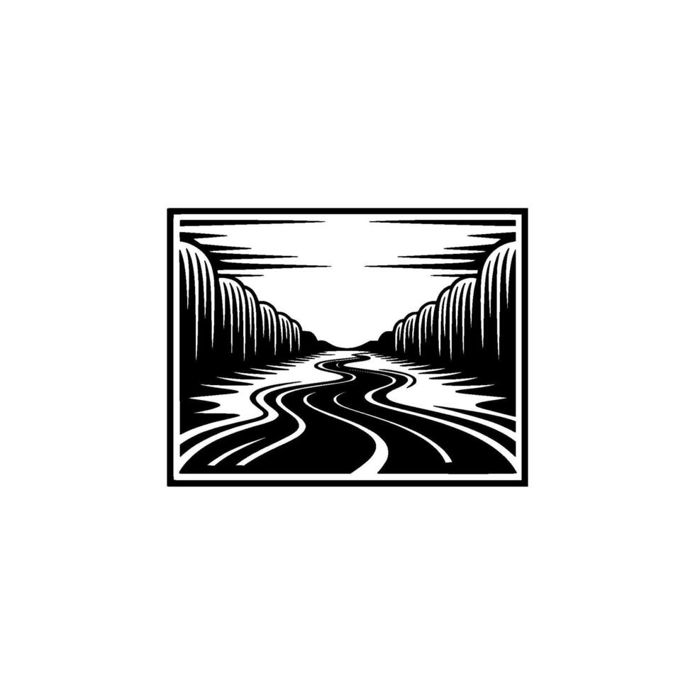 Serene River Vista - Black White Landscape Emblem vector