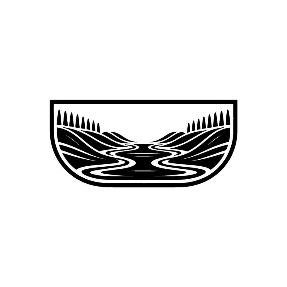 Stylized Mountain River Landscape Emblem, Vintage Illustration vector