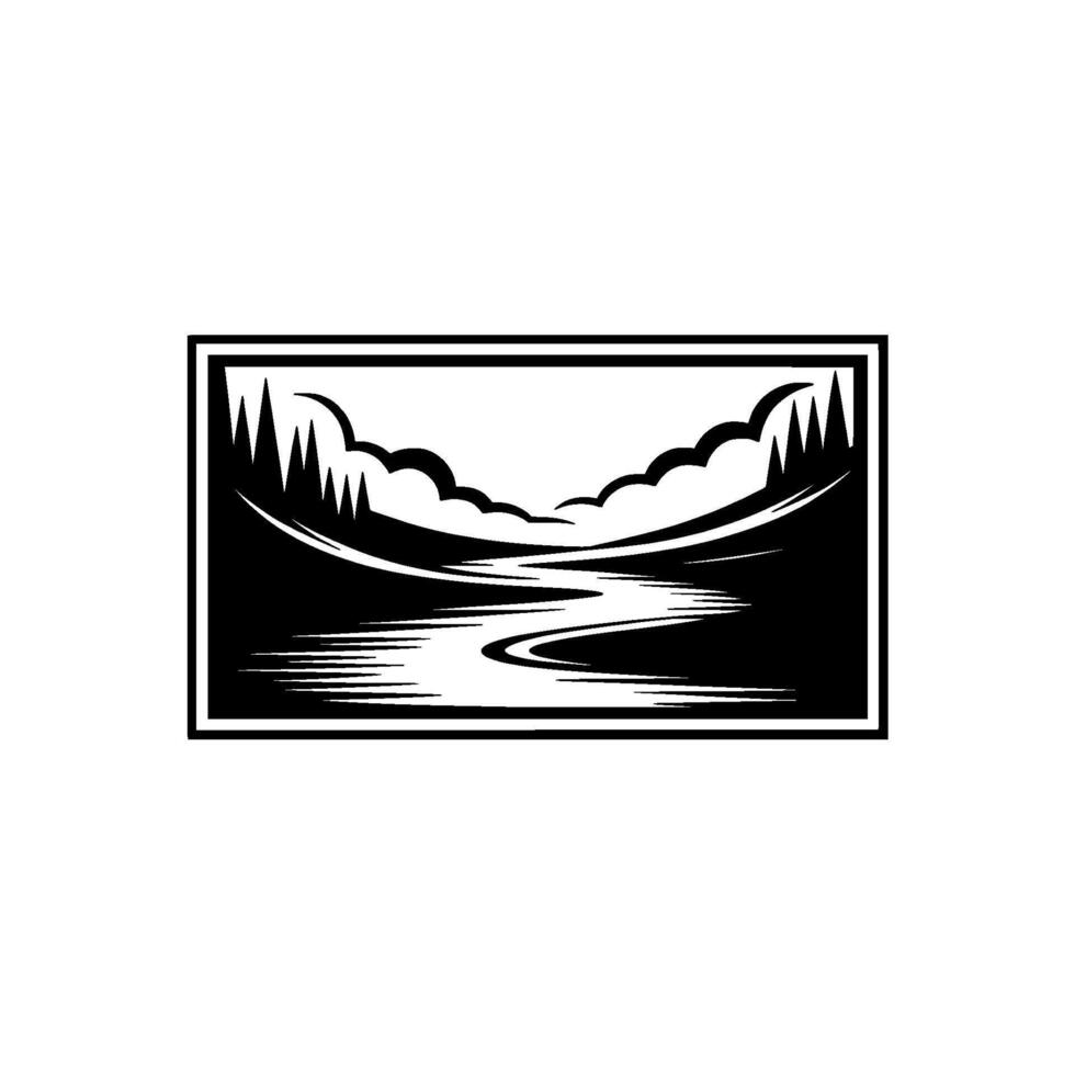 Serene Mountain Vista - Black White Emblem - River vector