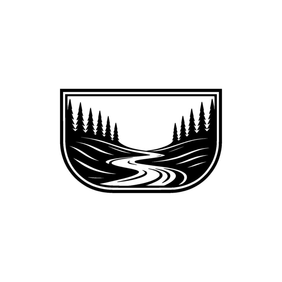 Serene Woodland Stream Emblem, Minimalist Landscape vector