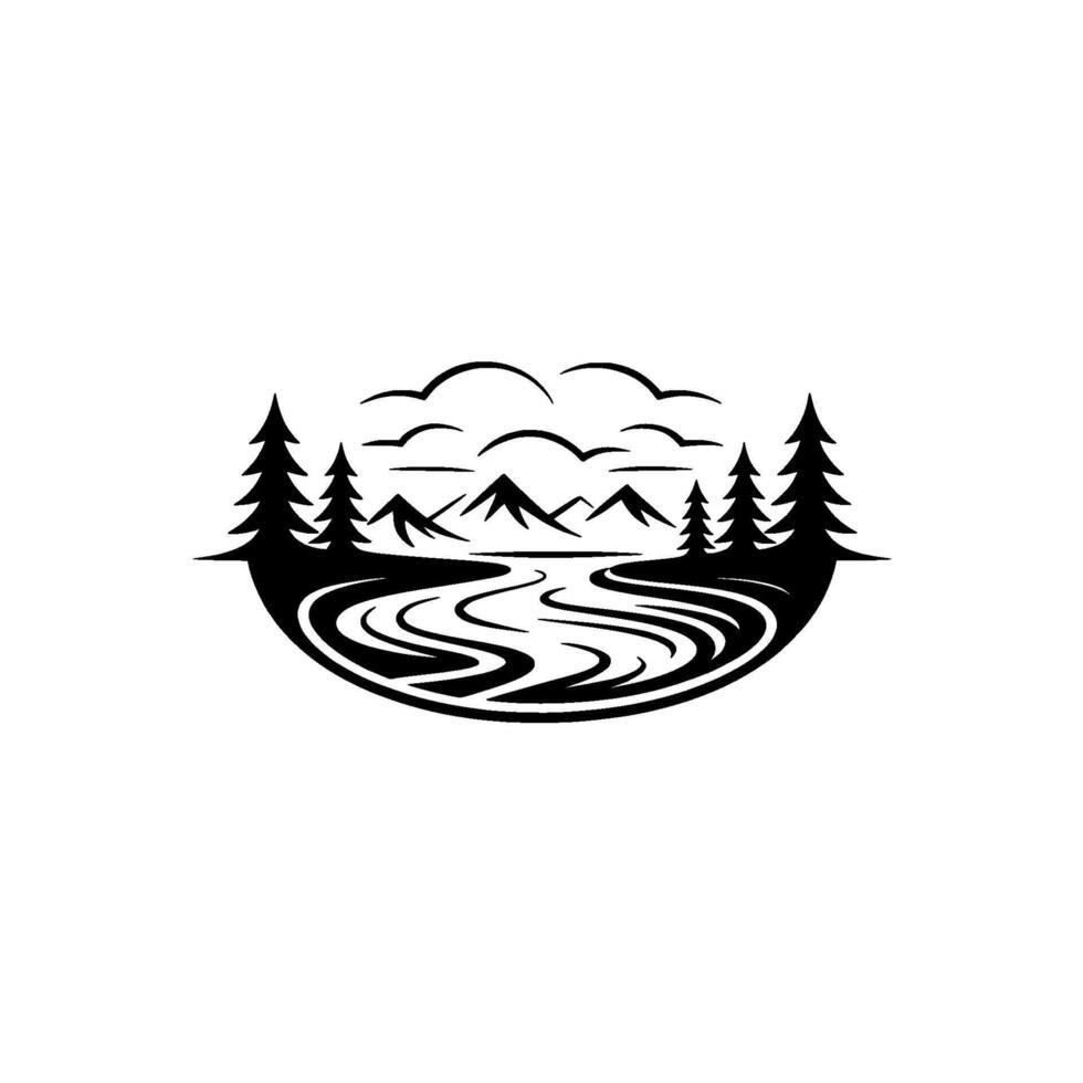 Serene Mountain Vista - Minimalist Landscape Emblem - Pine vector