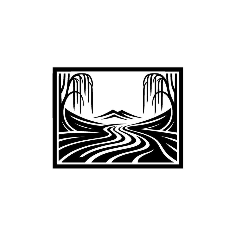 Serene Riverbank Silhouette, Black White Emblem vector