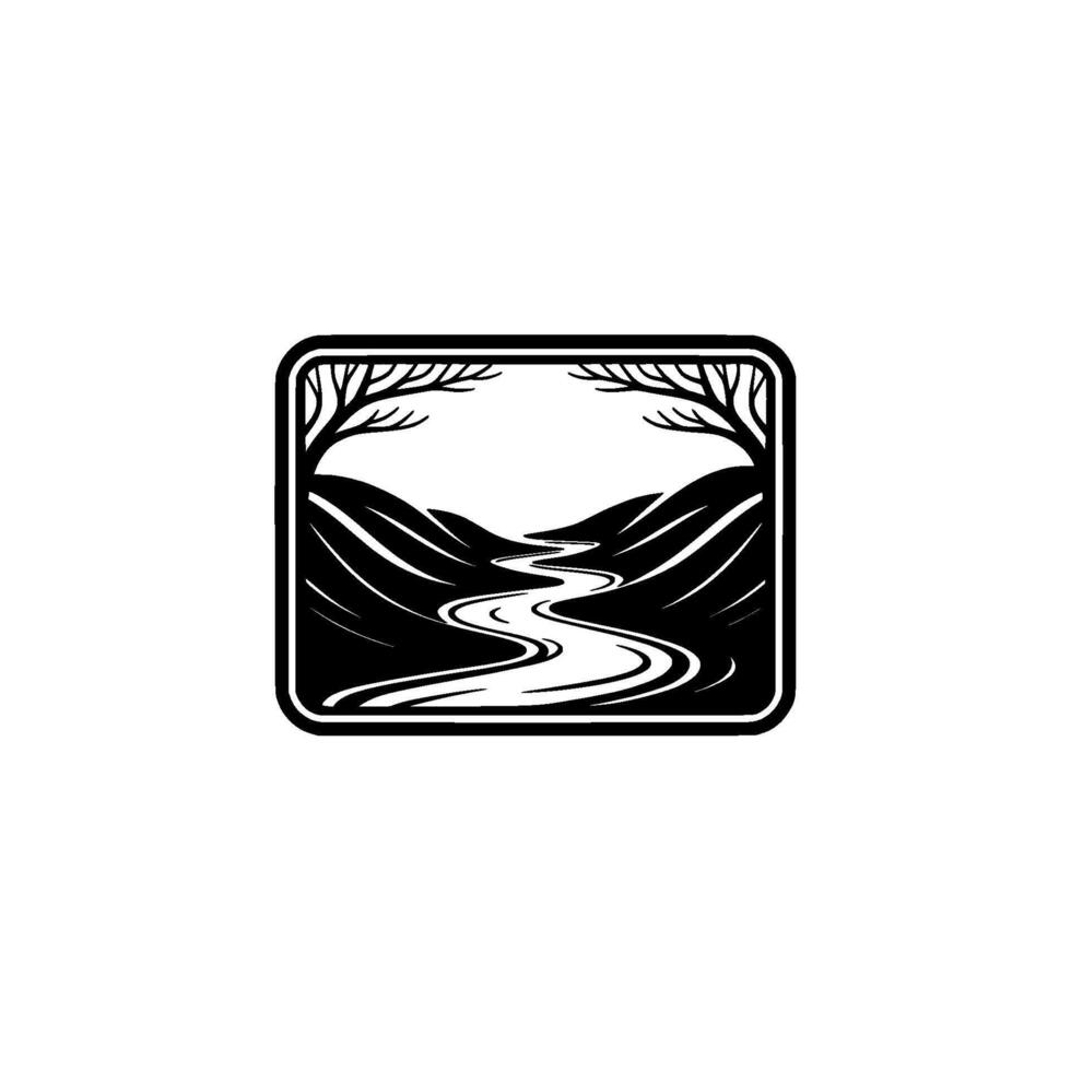Mountain River Silhouette, Vintage Exploration Emblem - Minimalist vector