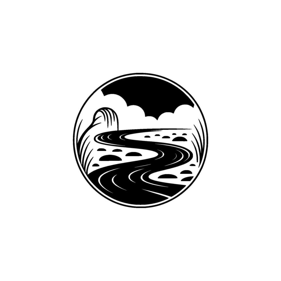 Serene River Landscape Emblem, Minimalist - Circular vector