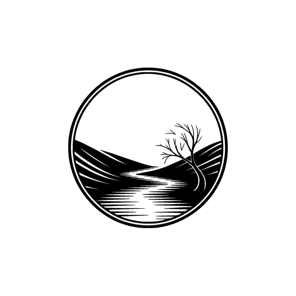 Serene Lakeside Silhouette, Minimalist Landscape Emblem - Tree vector