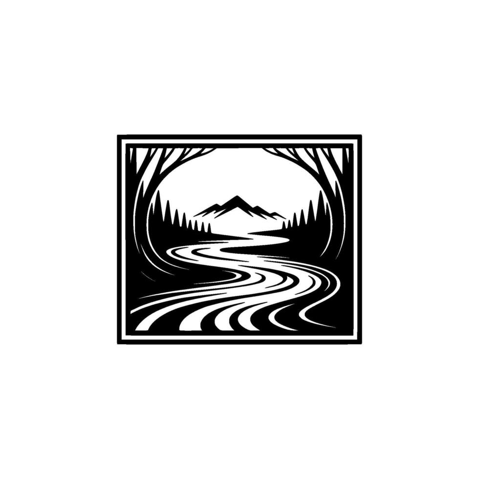 Serene Mountain Stream Emblem, Minimalist Landscape - Silhouette vector