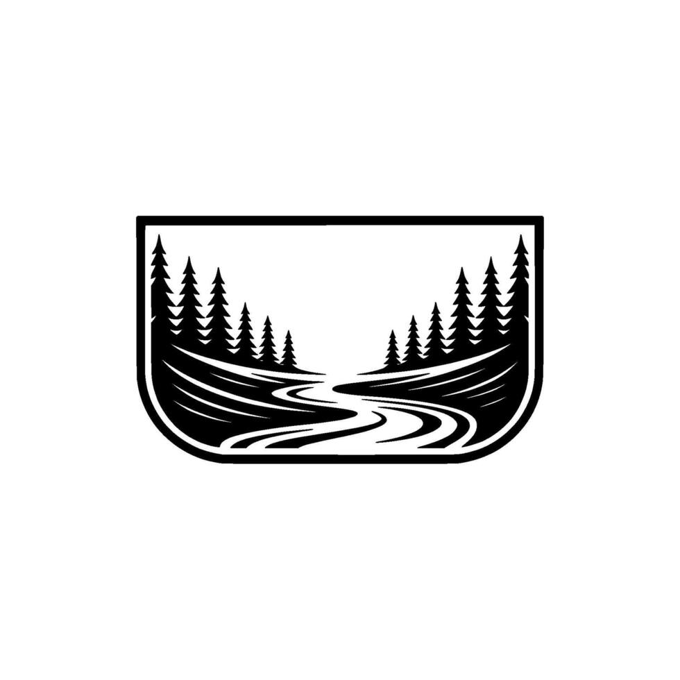 Rustic River Trail Emblem, Mountain Silhouette vector