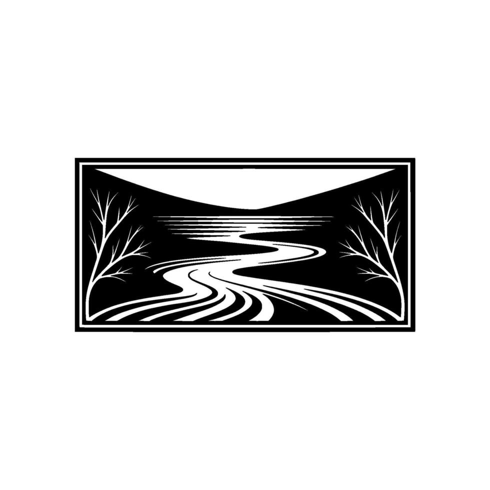 Serene Riverscape Emblem, Minimalist Landscape - Stream vector