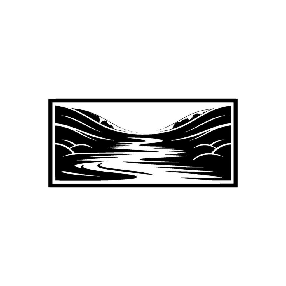 Serene Mountain Lake Silhouette, Vintage Landscape Emblem vector