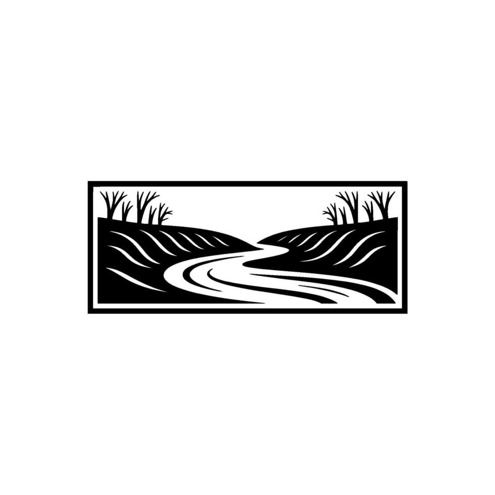 Serene River Valley Emblem, Minimalist Landscape - Blackandwhite vector