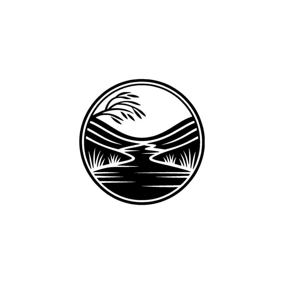Minimalist Lakeside Silhouette, Tranquil Landscape Emblem vector