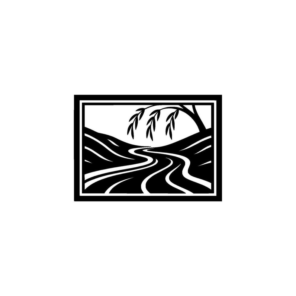 Serene River Landscape Emblem, Minimalist Black White - Willow vector
