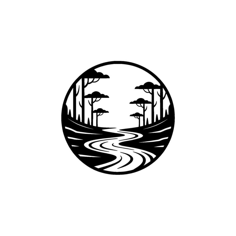 Serene Woodland Circle Emblem, Minimalist Landscape vector