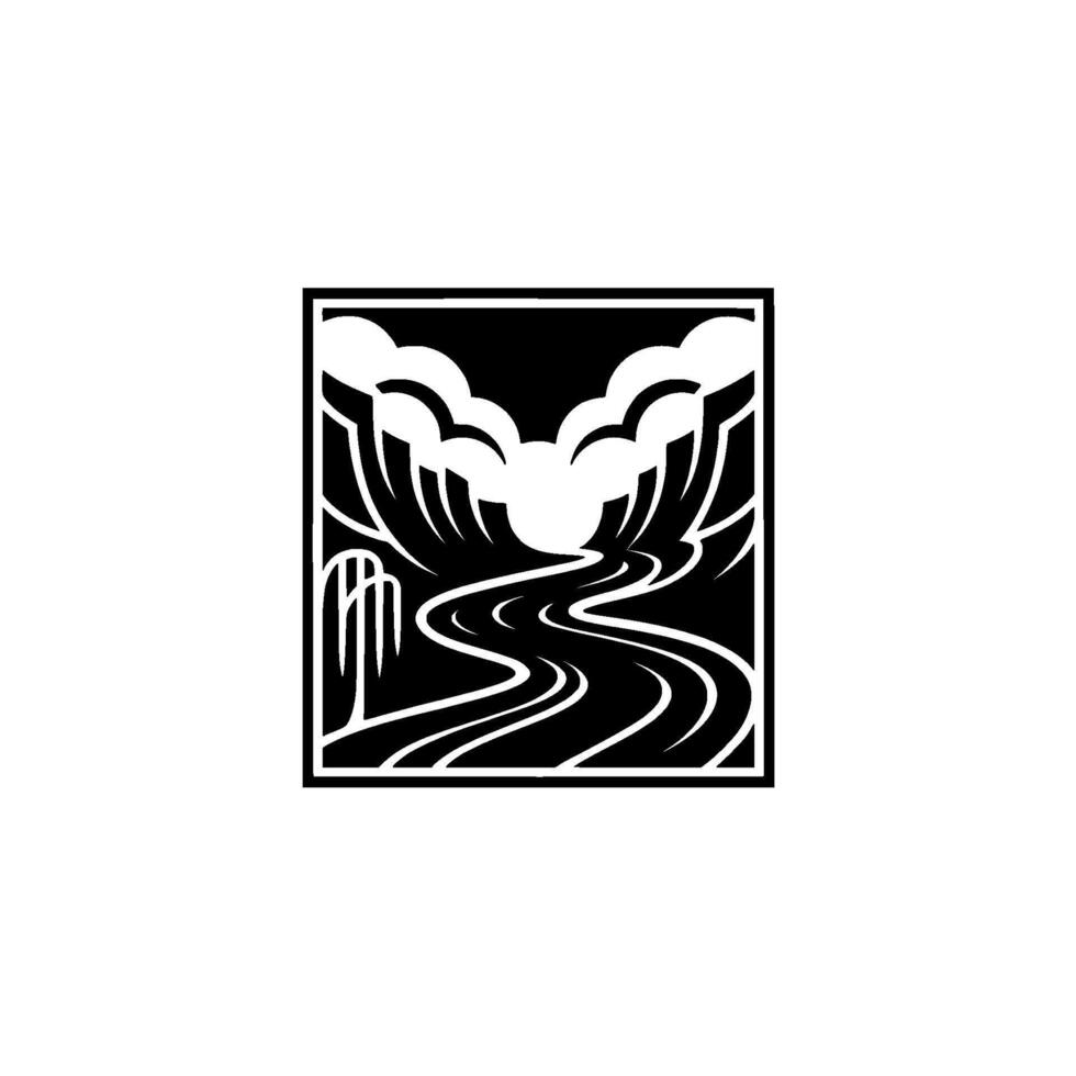 Serene Mountain Vista - Black White Emblem - Silhouette vector