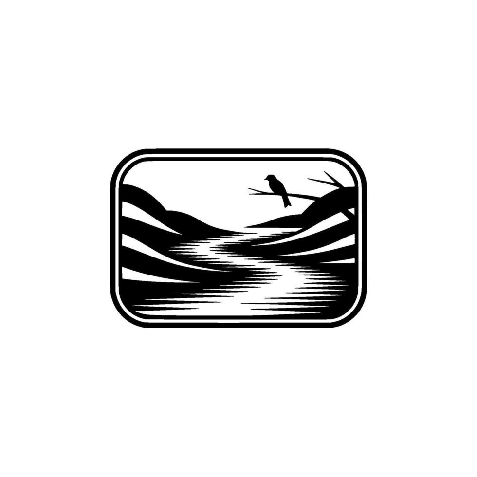 Serene Lakeside Silhouette Mountain Vista Emblem - Bird vector