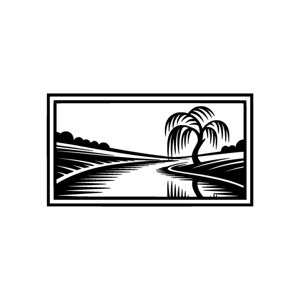 Serene Riverbank Silhouette, Black White Landscape Emblem vector