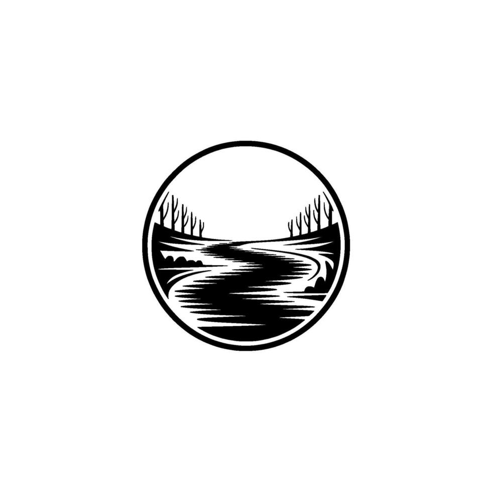 Serene River Vista, Minimalist Landscape Emblem - Circle vector