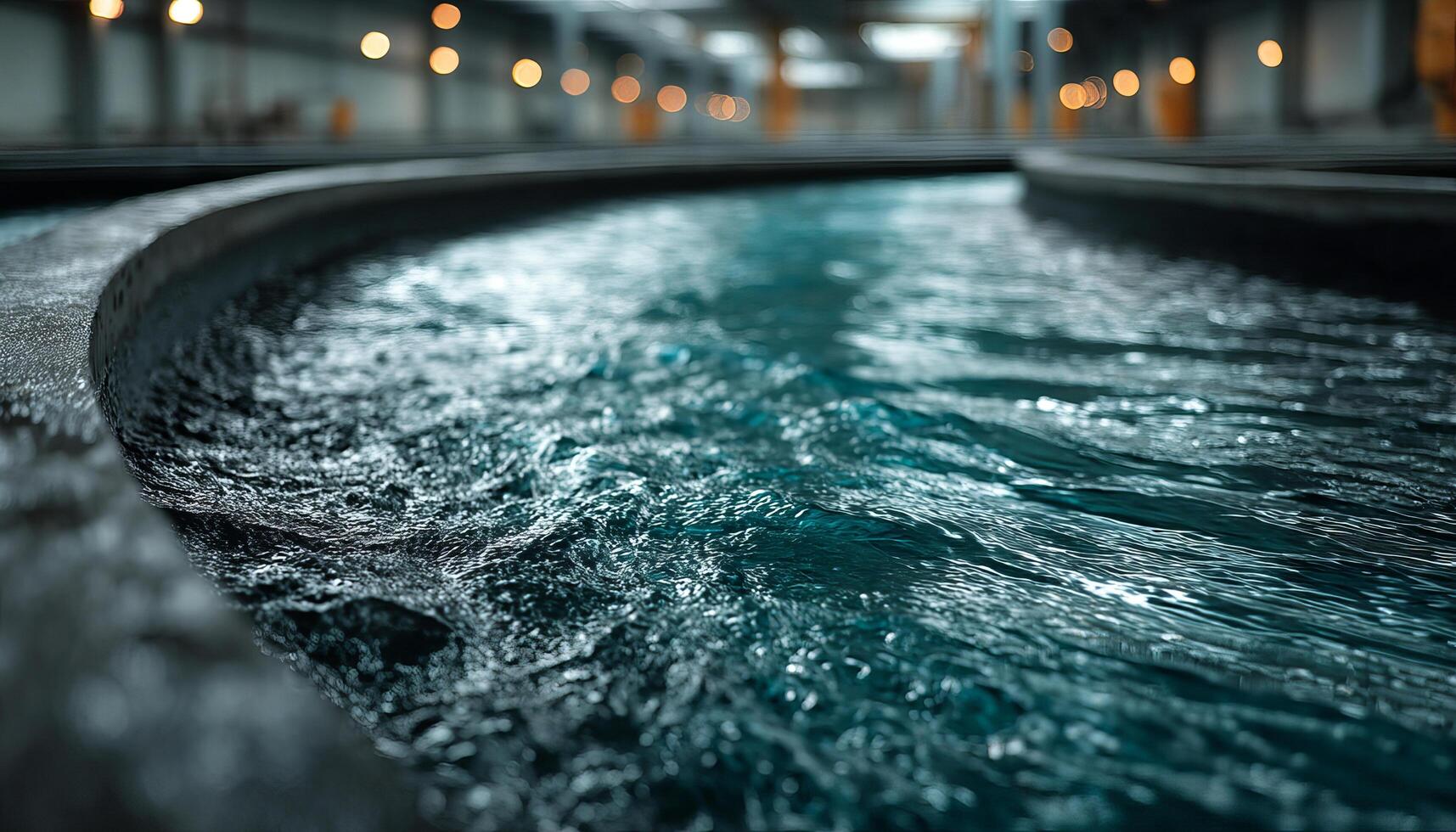Water flowing in curved industrial tank with blurred background lights creating calm and focused atmosphere photo