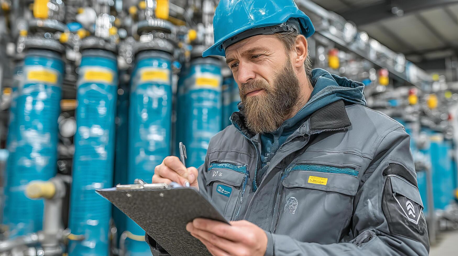 Industrial engineer inspecting water filtration system with clipboard in factory, focused and attentive worker in safety helmet photo