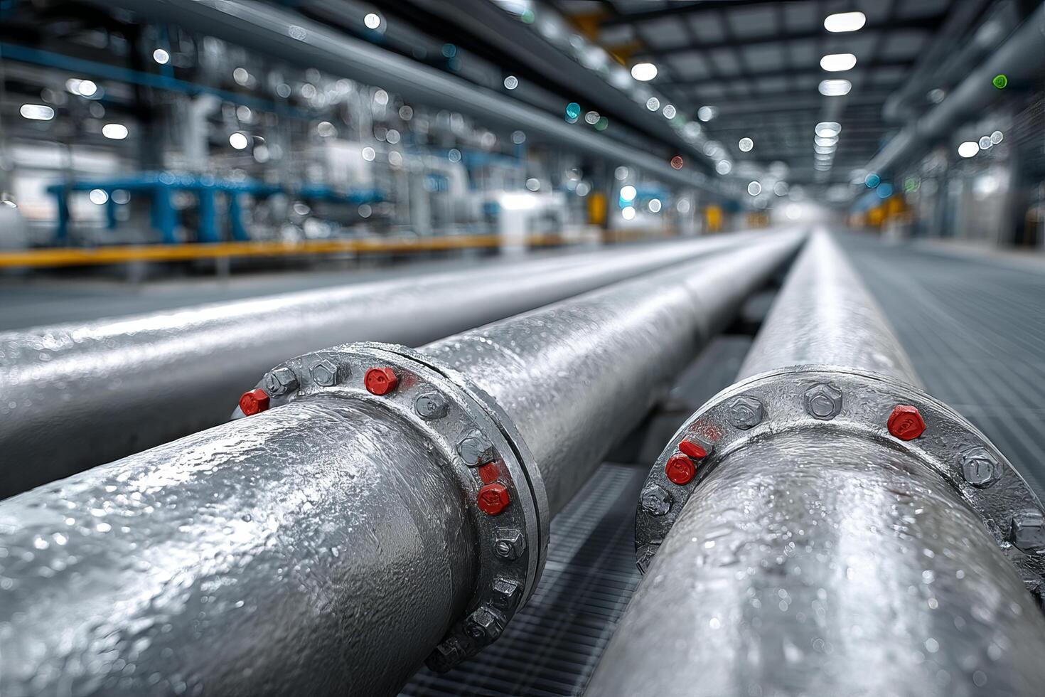 Industrial metal pipes with red bolts in large factory setting, conveying sense of scale and precision engineering photo