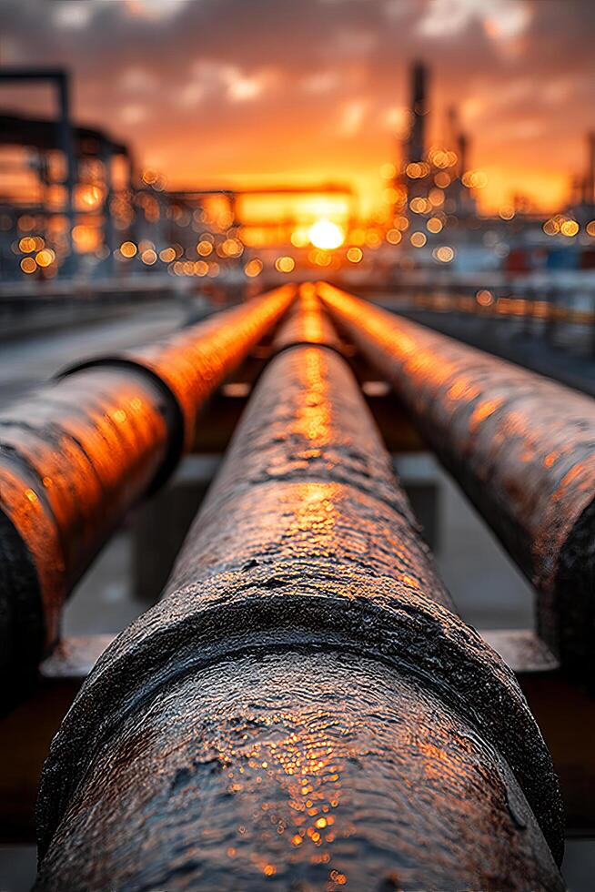 Pipes reflecting sunset in industrial setting photo