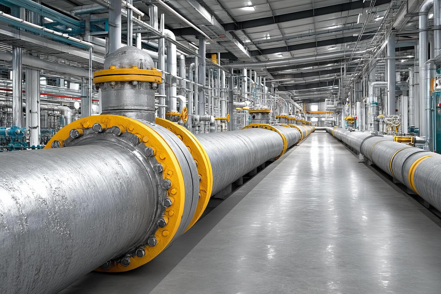 Industrial water processing system with large metal pipes and valves in clean factory environment photo