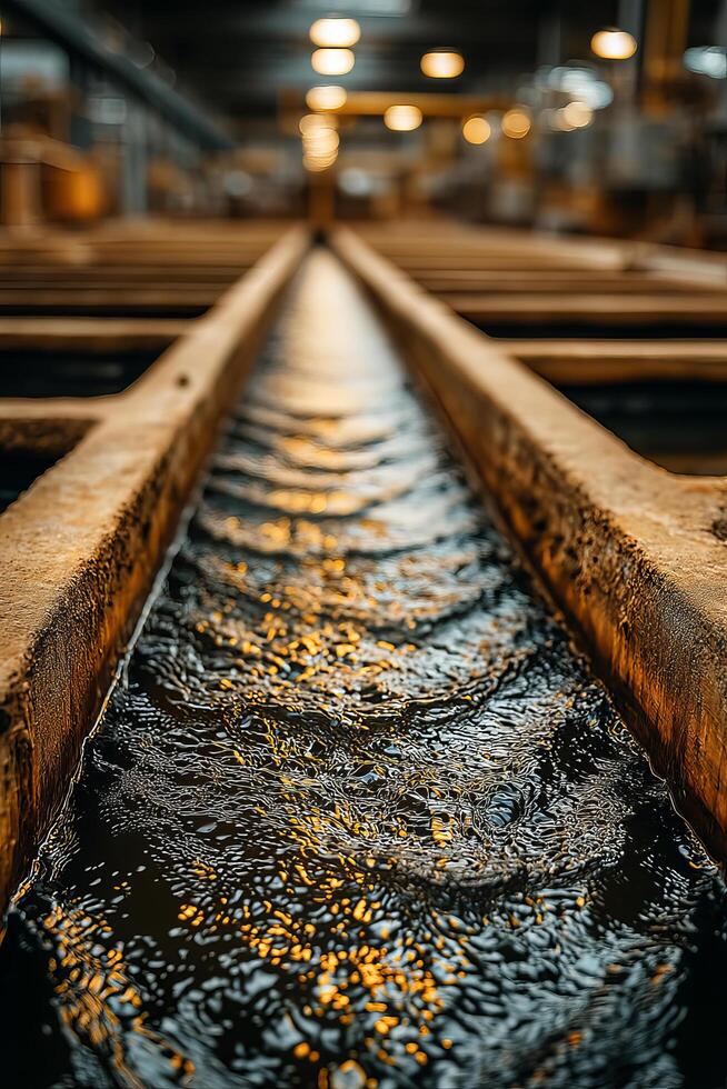 Water flowing through narrow channel in industrial setting with warm lighting reflections creating dynamic and textured surface photo