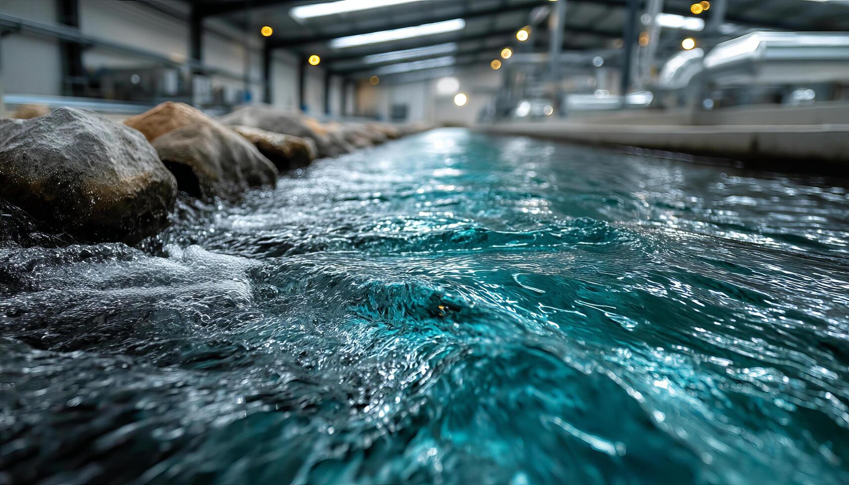 Water treatment plant with flowing water and rocks in industrial facility showing clear blue water and metal pipes photo