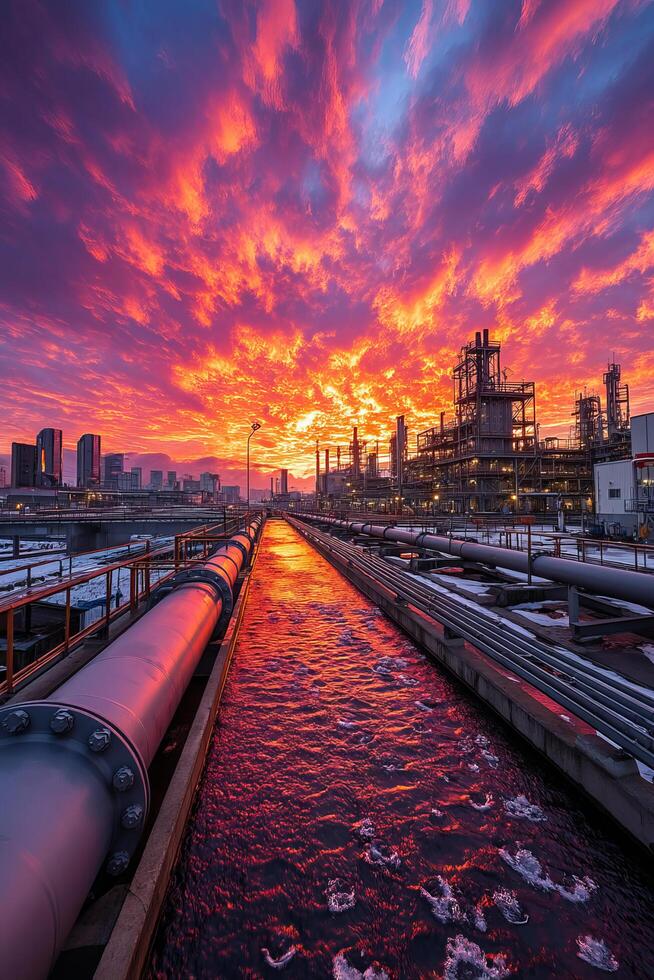 Sunset over industrial pipes and skyline photo