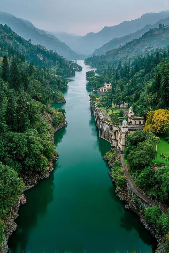 River flowing through lush green forest valley with dam and buildings surrounded by misty mountains in peaceful nature photo