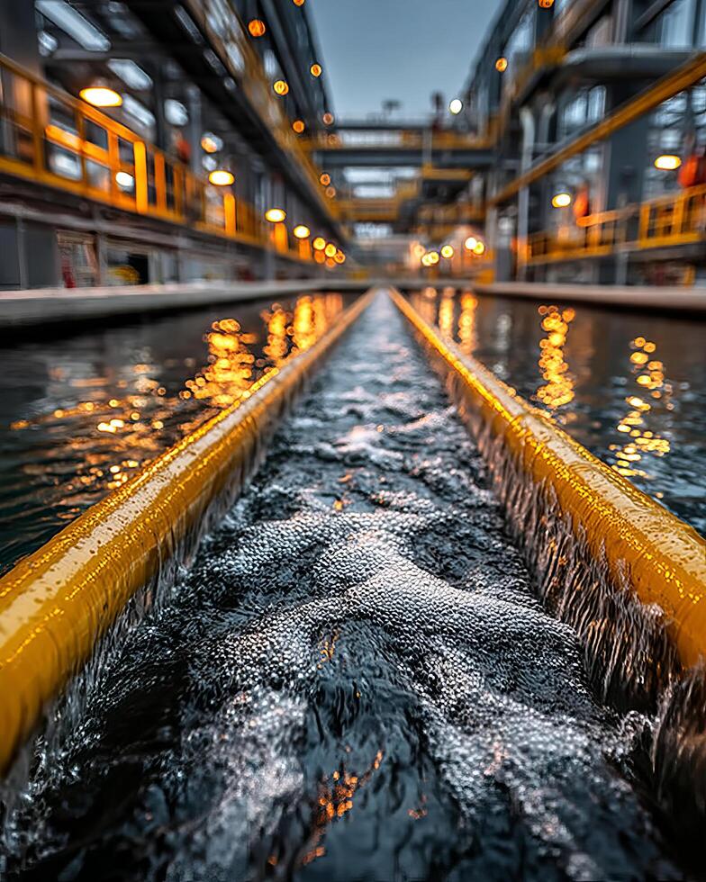 Industrial water flow with reflections and bubbles photo