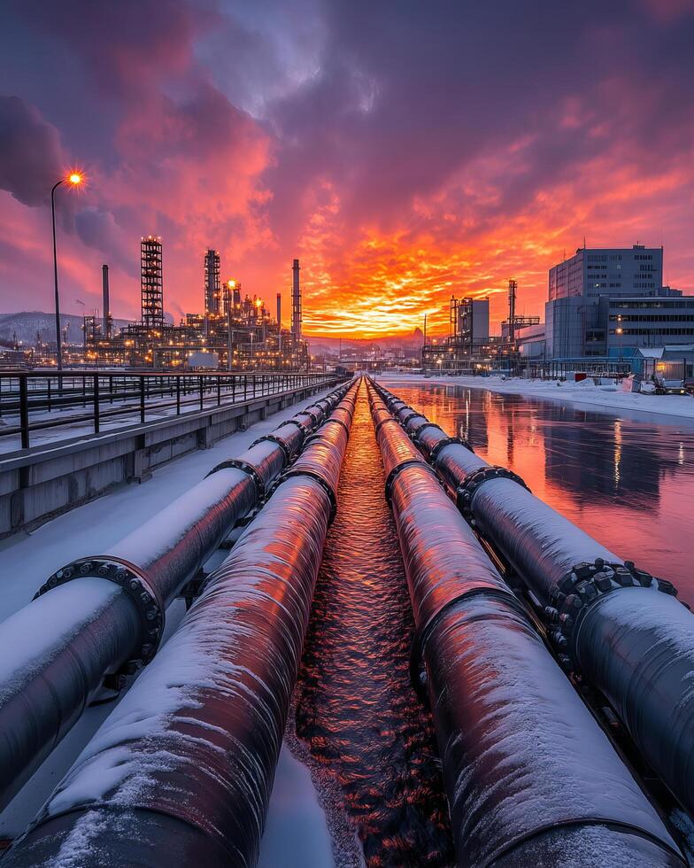Pipes at sunset in winter landscape photo